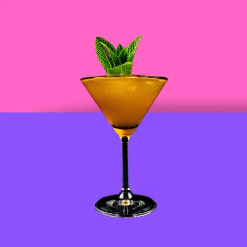 Pornstar Martini in a martini glass with a mint sprig