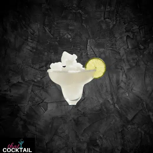 Margarita frozen in a margarita glass with a lime wheel