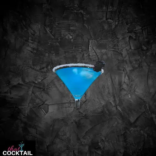 Blue Skies in a martini glass, bright blue with a sugared rim