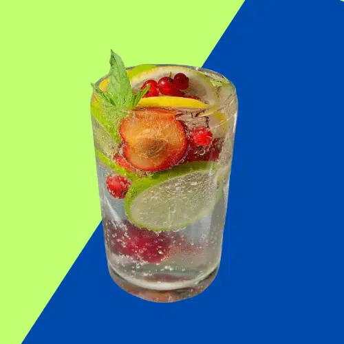 Dirty Bastard in a tall glass with ice, berries, citrus and mint