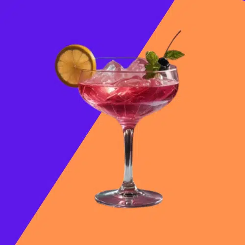 Pink Jamaican Me Crazy in a coupe with ice, an orange wheel and mint